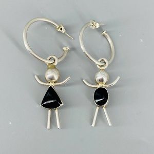 Vintage Sterling Silver Onyx Hoop & Dangle Figural Earrings Mexico 925 1980’s